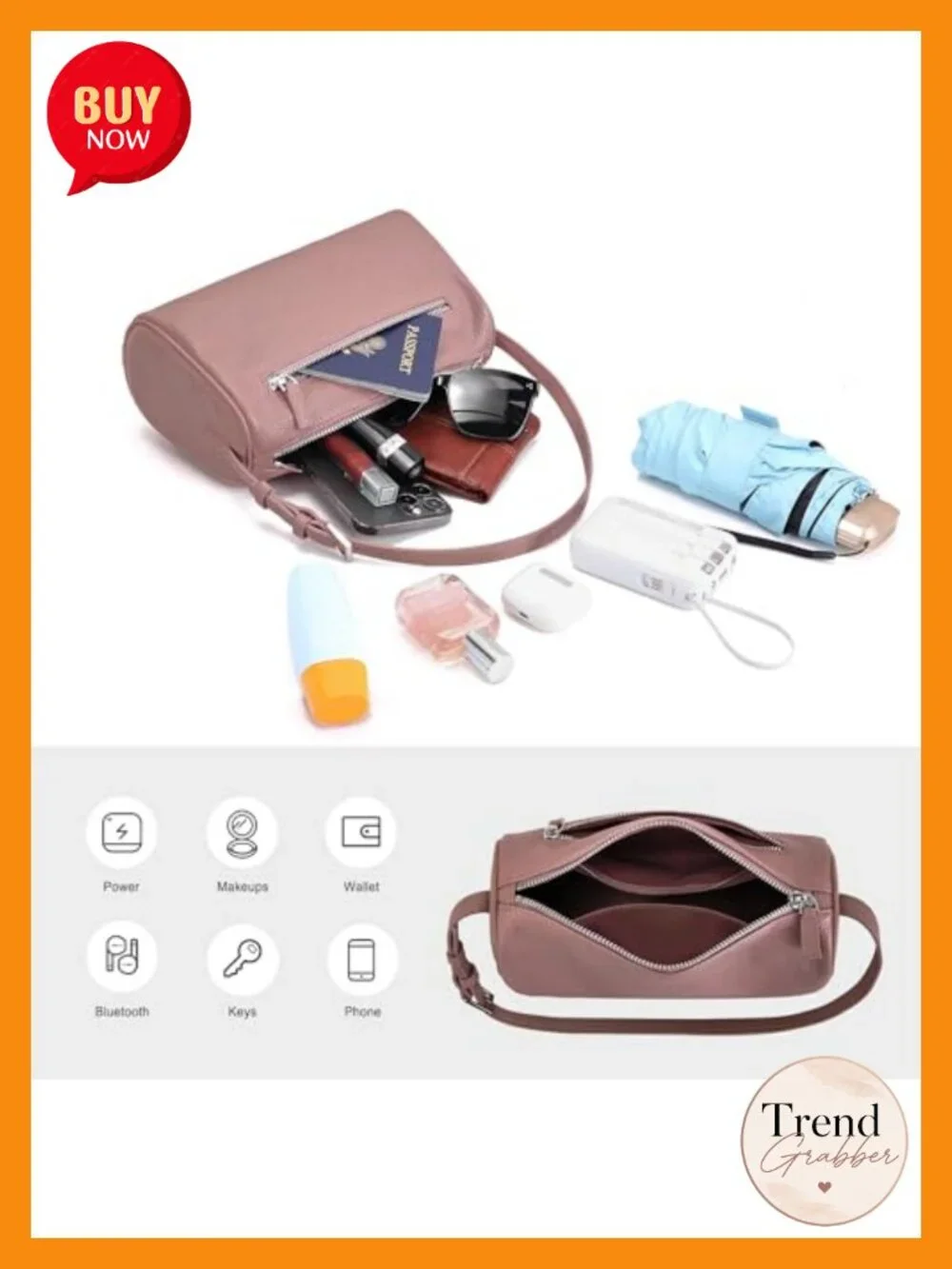 Full-Grain Leather Mini Barrel Crossbody Bag Shoulder Purse for Women